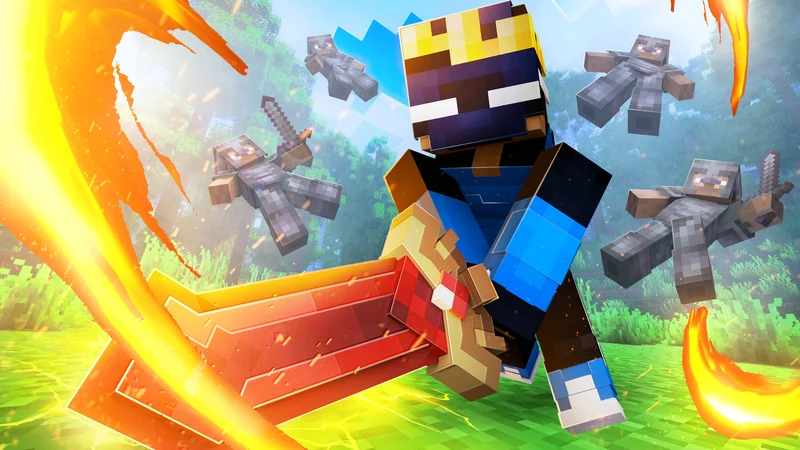 Epaxial wielding a blazing sword surrounded by Minecraft opponents
