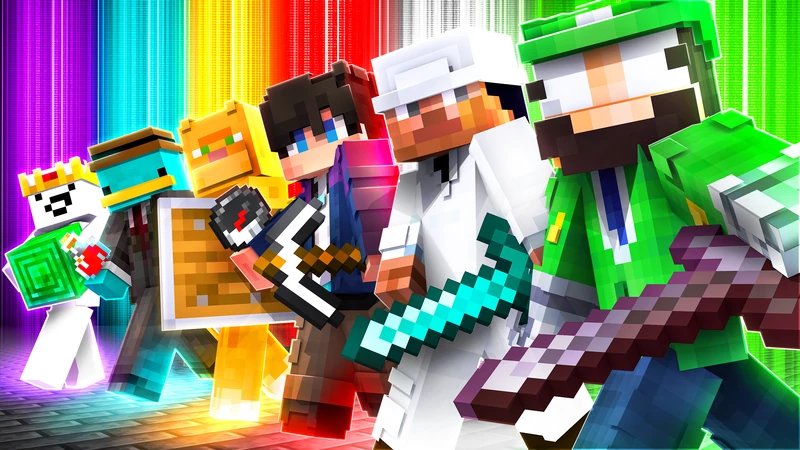 Test A: LuigiToan’s Minecraft team, arranged diagonally against a rainbow background.